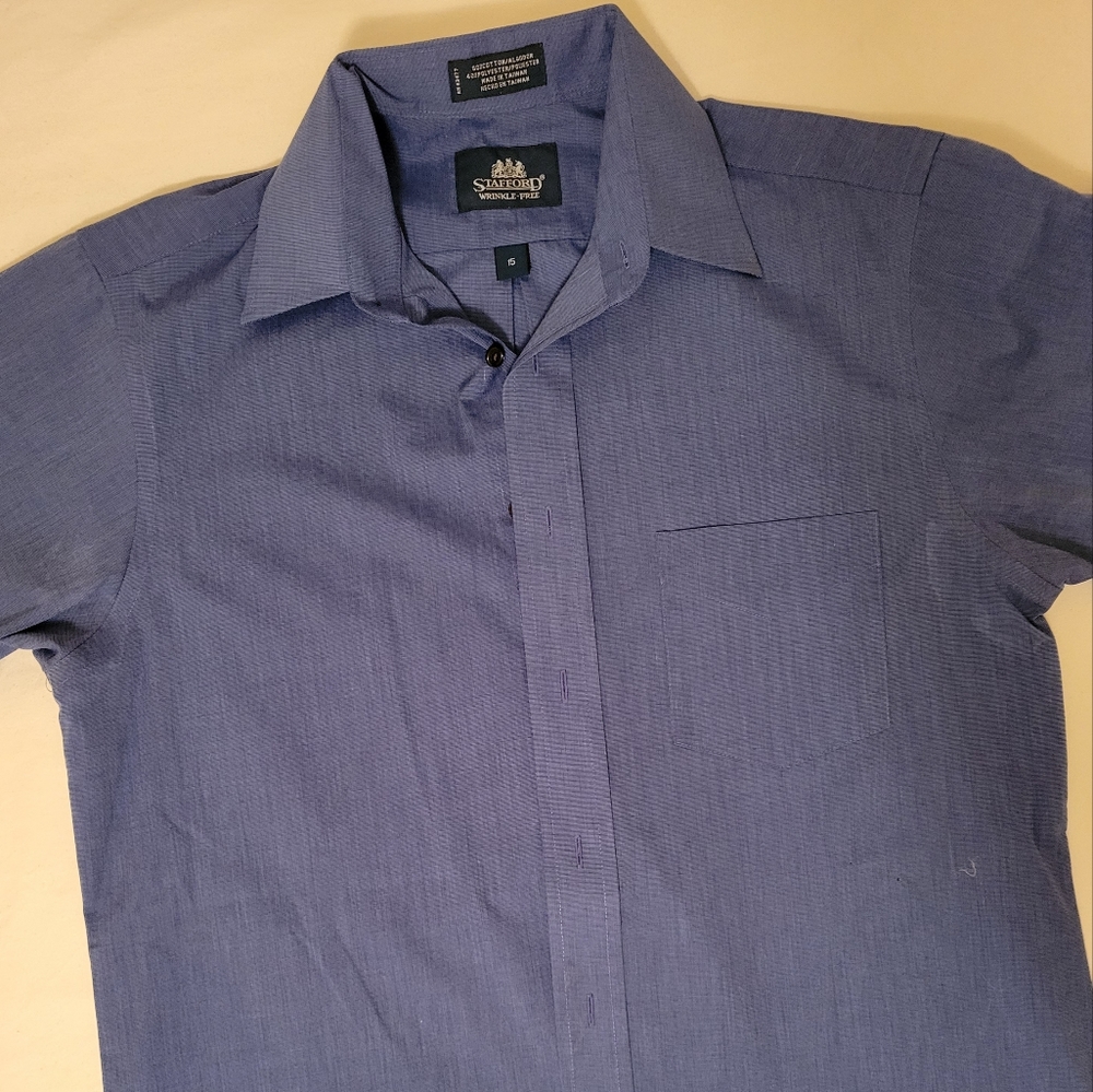Stafford Wrinkle Free Men's Short Sleeve Button Front Blue Shirt Size 15